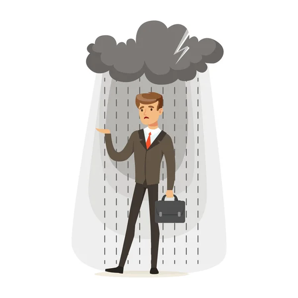 Depressed businessman with briefcase standing in the rain under a cloud, unsuccessful character vector Illustration — Stock Vector