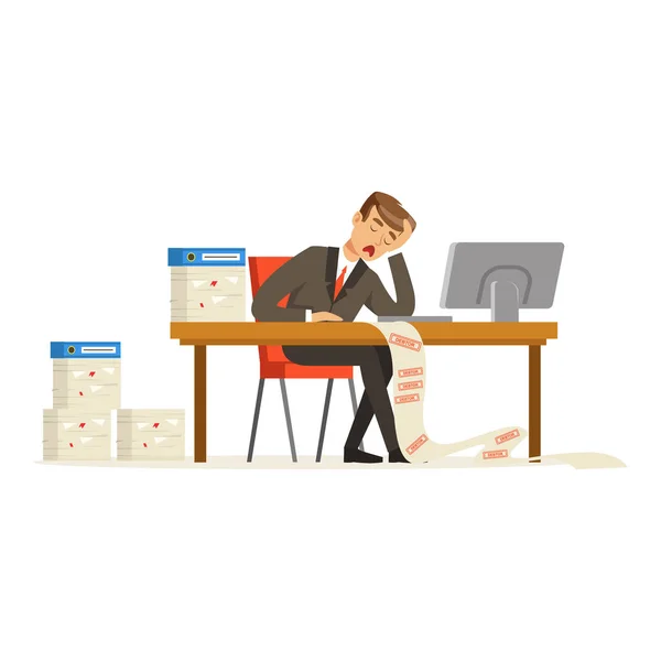 Homme d'affaires travaillant avec l'ordinateur stressé par une longue liste de dettes vecteur Illustration — Image vectorielle