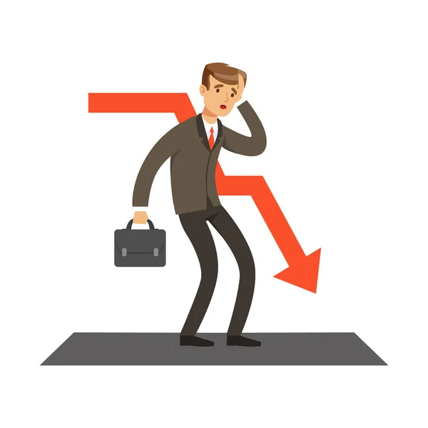 Failed businessman and red graph going down, unsuccessful character vector Illustration — Stock Vector