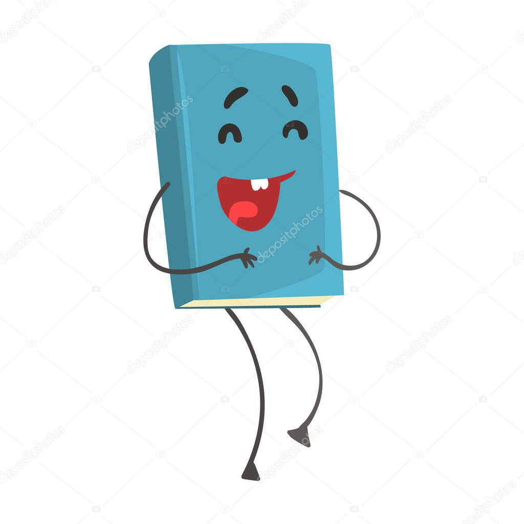 Blue funny laughing humanized cartoon book character vector Illustration