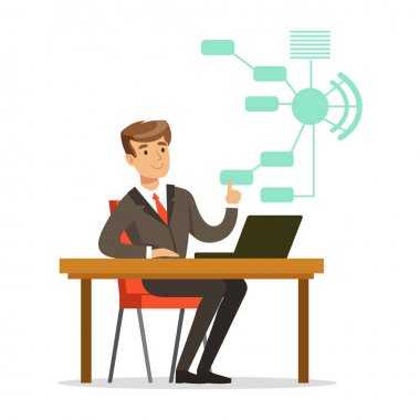 İşadamı bulut bilgi işlem vektör çizim işaret onun çalışma alanı üzerinde