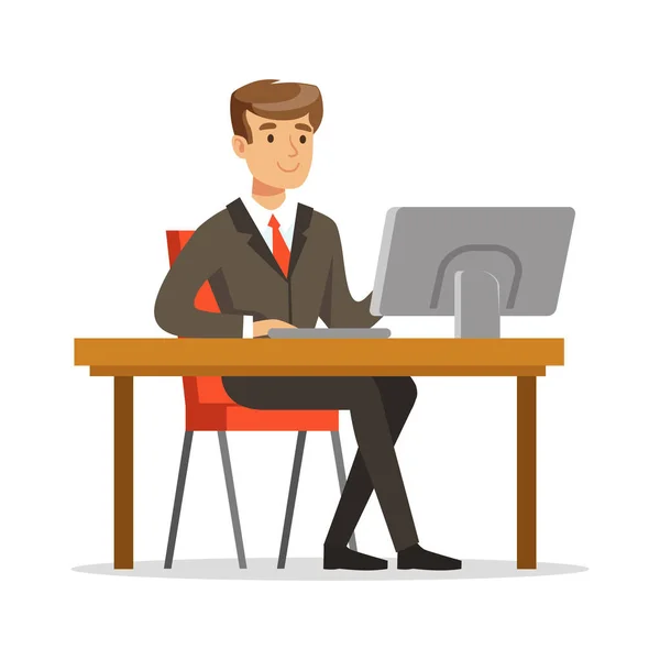 Jeune homme d'affaires travaillant sur son vecteur informatique Illustration — Image vectorielle