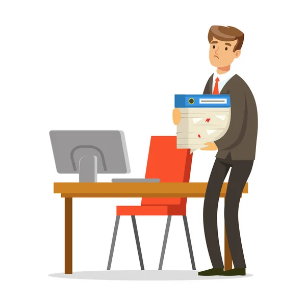 Homme d'affaires prospère debout dans son bureau et tenant une pile de papiers vecteur Illustration — Image vectorielle