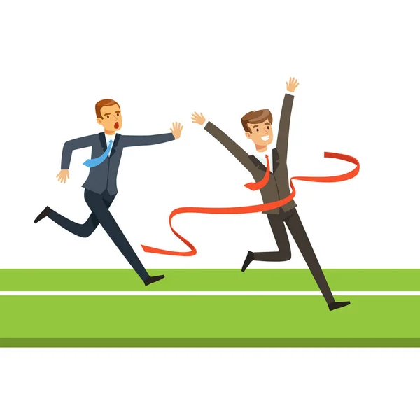 Competencia de gente de negocios, dos hombres de negocios cruzando la línea de meta vector Ilustración — Vector de stock