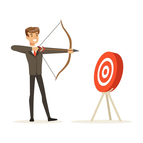 Cheerful businessman aiming target with bow and arrow vector Illustration — Stock Vector