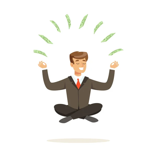 Hombre de negocios sonriente sentado en una pose de loto, el dinero volando a su alrededor vector Ilustración — Vector de stock