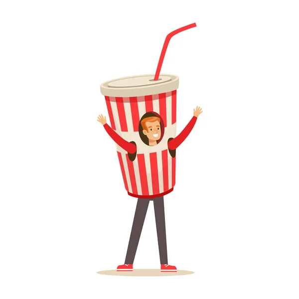 Uśmiechnięty człowiek ubrany szklanki sody napój kostium, żywności lalki wektor ilustracja — Wektor stockowy