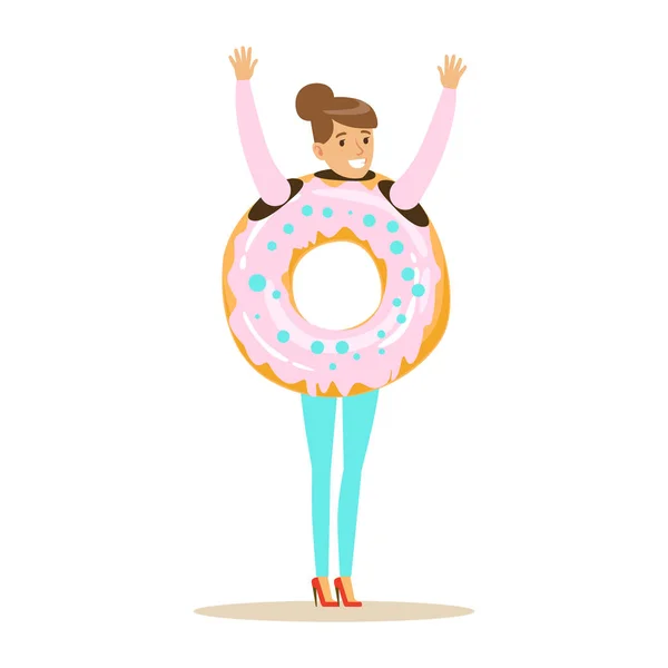 Lachende vrouw draagt donut kostuum, fast-food snack karakter vector illustratie — Stockvector