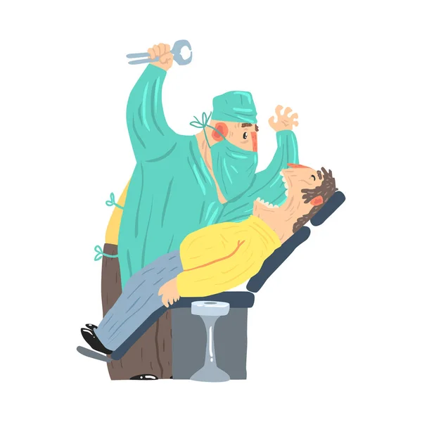 Skrämmande tandläkare seriefiguren med manlig patient på klinik vektor Illustration — Stock vektor