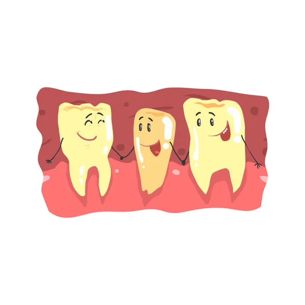 Carino personaggi dei denti dei cartoni animati con facce divertenti in una bocca vettore Illustrazione — Vettoriale Stock