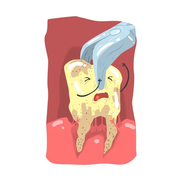 Kreslený charakter zubu pomocí zubní kleště vektorové ilustrace — Stockový vektor