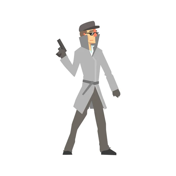 Detective personaje de pie y sosteniendo el arma. Investigador privado, inspector o policía vector Ilustración — Archivo Imágenes Vectoriales