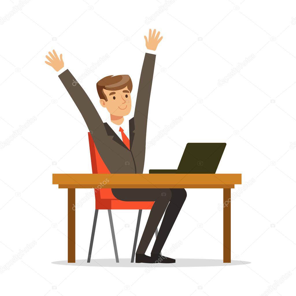 Successful businessman sitting at his desk and celebrating with arms up vector Illustration
