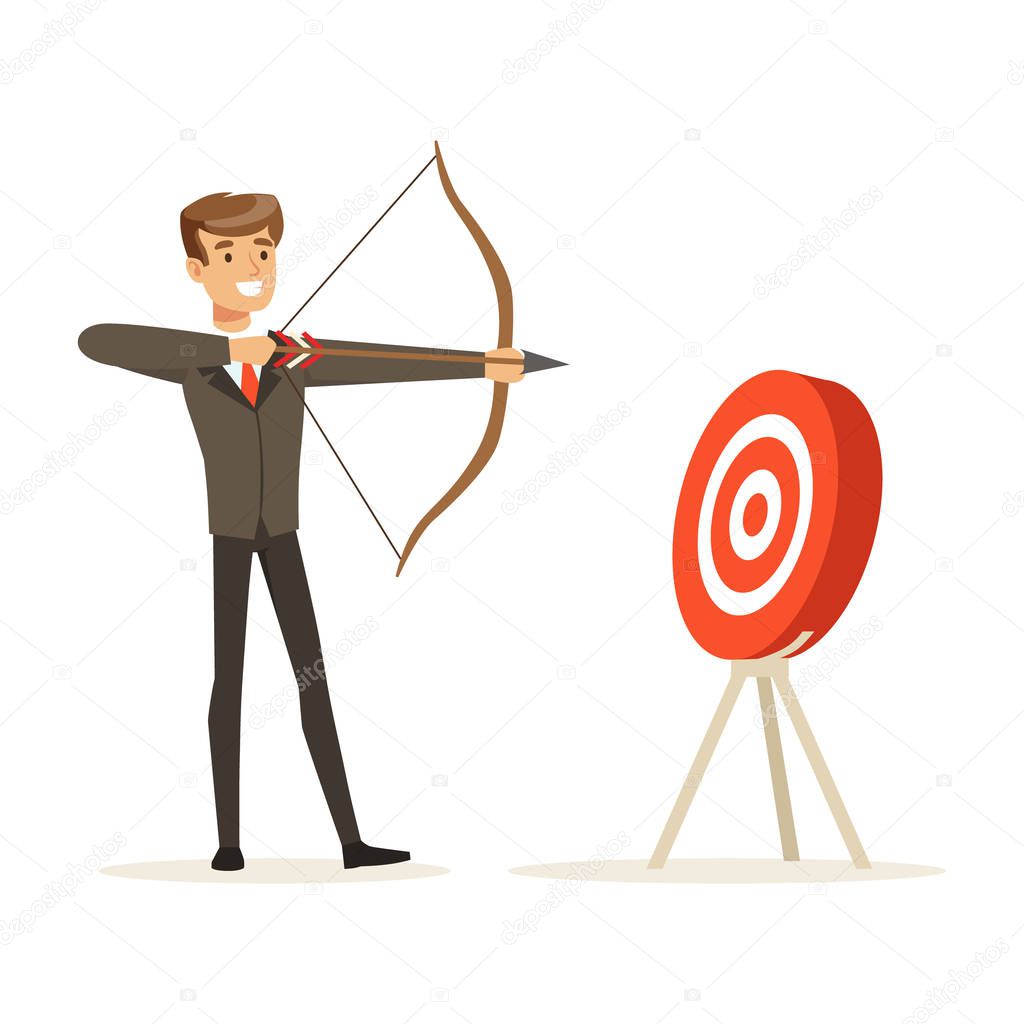 Cheerful businessman aiming target with bow and arrow vector Illustration