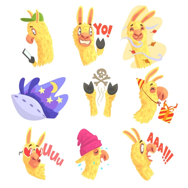 Personajes divertidos alpaca posando en diferentes situaciones, dibujos animados emoji alpaca coloridas ilustraciones — Archivo Imágenes Vectoriales