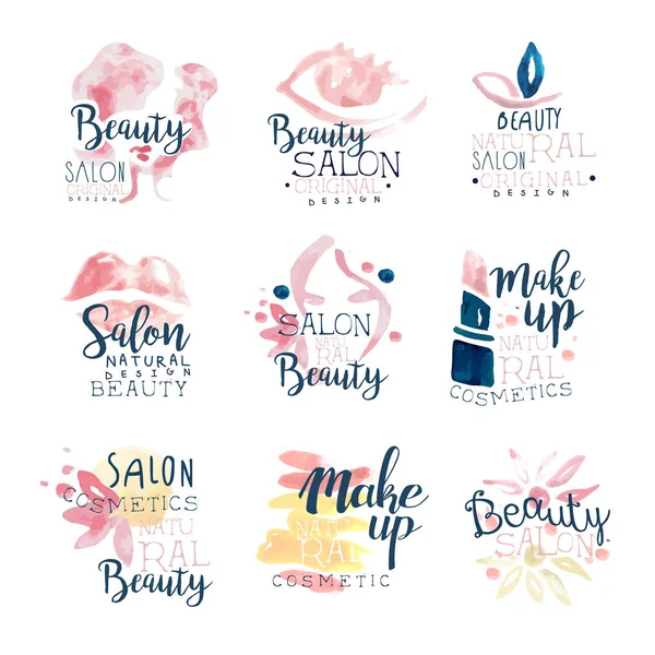 Design de logotipo de salão de beleza, conjunto de ilustrações coloridas desenhadas à mão aquarela —  Vetores de Stock