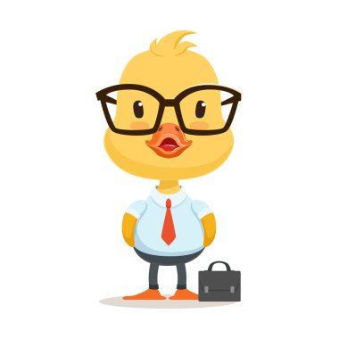 Çizgi roman ördek yavrusu karakter ofis çalışanı, şirin emoji vektör çizim giyiyor