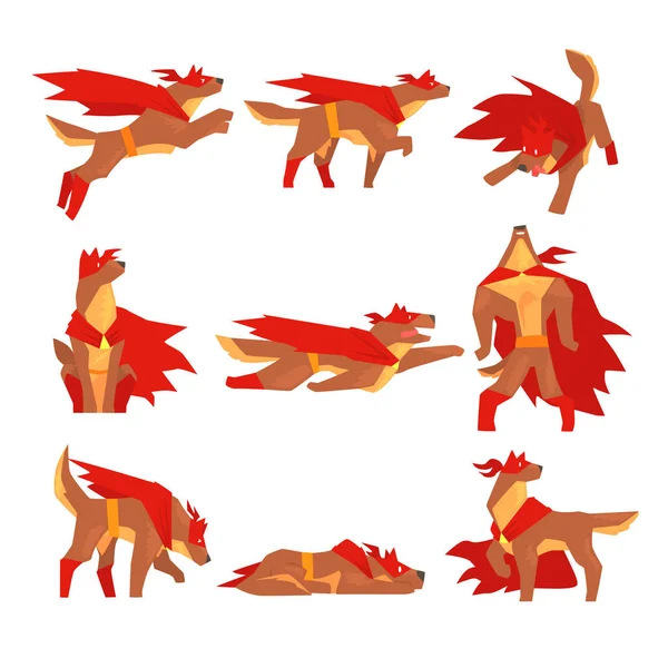 Conjunto de personajes de superhéroe perro, perro en diferentes poses con vector de capa roja Ilustraciones — Vector de stock