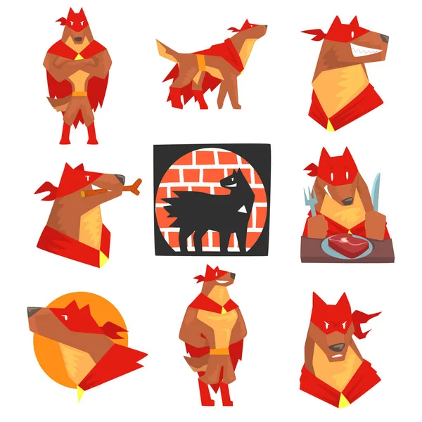 Perro personaje superhéroe en conjunto de acción, perro en diferentes poses con el vector de capa roja Ilustraciones — Vector de stock