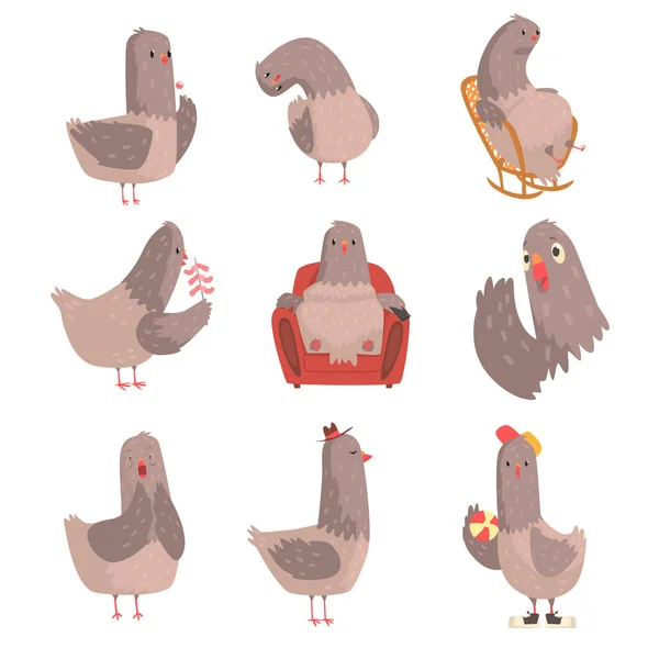 Lindo conjunto de aves de dibujos animados, personaje divertido pájaro con diferentes acciones y emociones vector ilustraciones — Archivo Imágenes Vectoriales