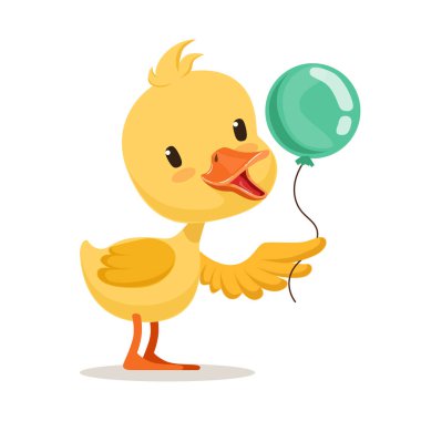 Küçük karikatür ördek yavrusu karakter holding mavi balon, şirin emoji vektör çizim