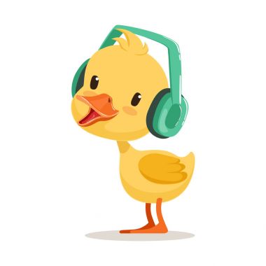 Kulaklıklar, şirin emoji karakter vektör illüstrasyon müzik küçük sarı ördek piliç