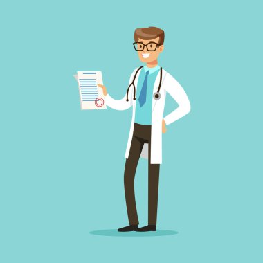 Doktor karakter ayakta ve reçete vektör çizim ile tıbbi not defteri tutan gülümseyerek