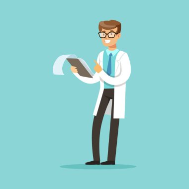 Gülümseyen doktor karakter ayakta ve okuma tıbbi notlar illüstrasyon vektör