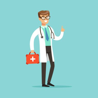 Ayakta ve ilk yardım kutusu vektör çizim tutan erkek doktor karakter gülümseyen