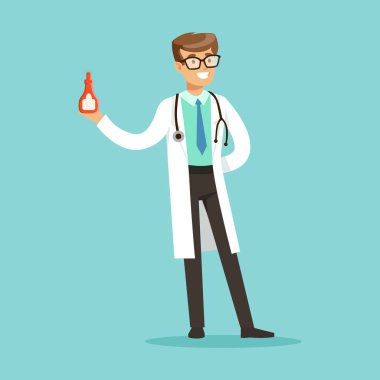 Erkek doktor karakter ayakta ve tıp vektör illüstrasyon kırmızı bir şişe tutan gülümseyerek