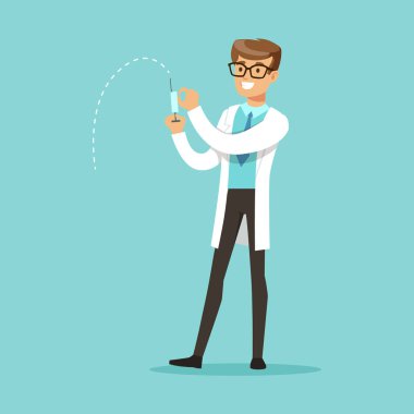 Ayakta ve şırınga vektör çizim tutmak gülümseyen erkek doktor karakter