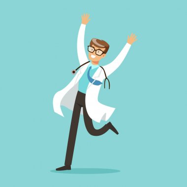 Happy doctor character jumping with arms raised vector Illustration clipart