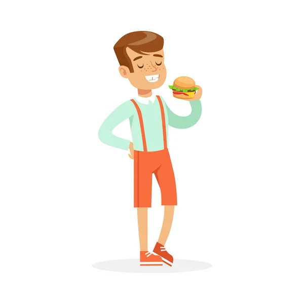 Χαμογελαστό αγόρι τρώει χάμπουργκερ, πολύχρωμο χαρακτήρα διανυσματικά εικονογράφηση — Διανυσματικό Αρχείο