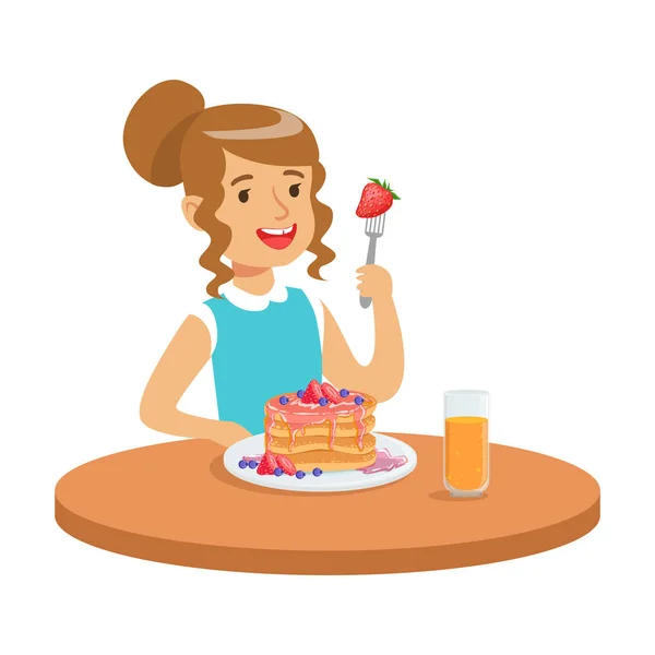 Gelukkig meisje zitten aan de tafel en eten van een cake, kleurrijke karakter vector illustratie — Stockvector