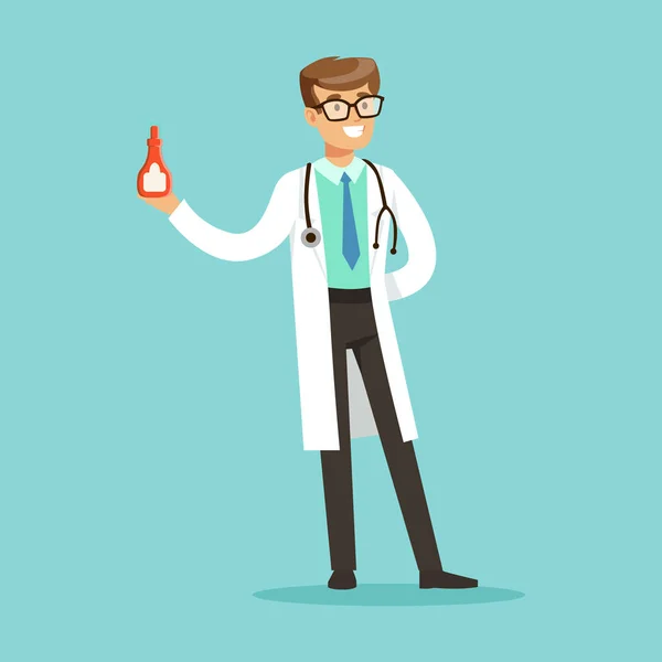 Glimlachend mannelijke arts karakter permanent en houden een rode fles van geneeskunde vector illustratie — Stockvector