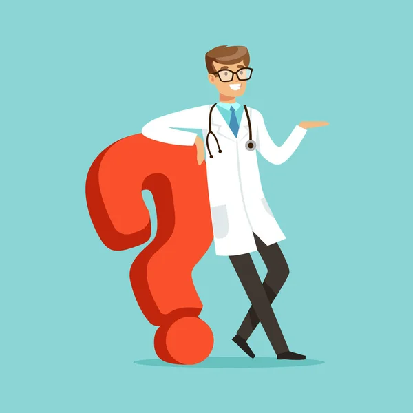 Smiling male doctor character standing and leaning against the big question mark character vector Illustration — Stock Vector