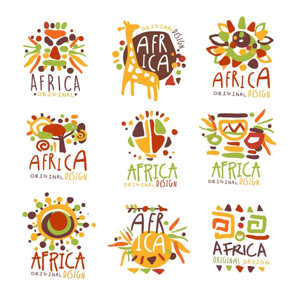 África definido para o design original do logotipo. Viajar para a África colorido mão desenhado vetor llustrations —  Vetores de Stock