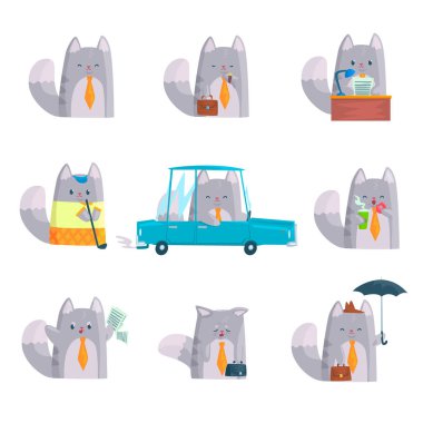 Şirin işadamı kedi karakterde çalışma ve dinlenme, farklı durumlarda dizi komik kedi çizgi film renkli çizimler