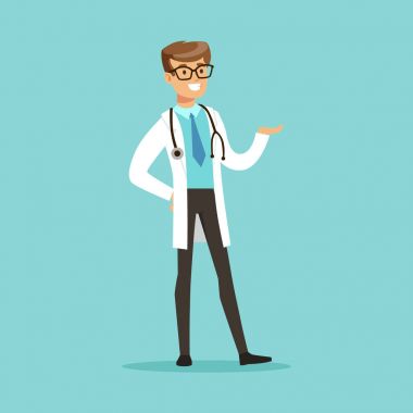 Neşeli erkek doktor karakter ayakta vektör çizim