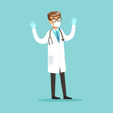 Lastik eldiven ve tıbbi maskesi vektör çizim giyen doktor karakter