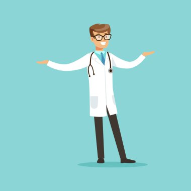 Genç erkek doktor karakter ayakta gülümseyen illüstrasyon vektör