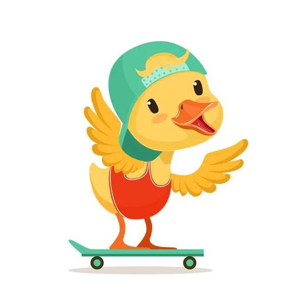 Kleine gele eend chick in blauwe cap skateboarden, schattig emoji karakter vector illustratie — Stockvector