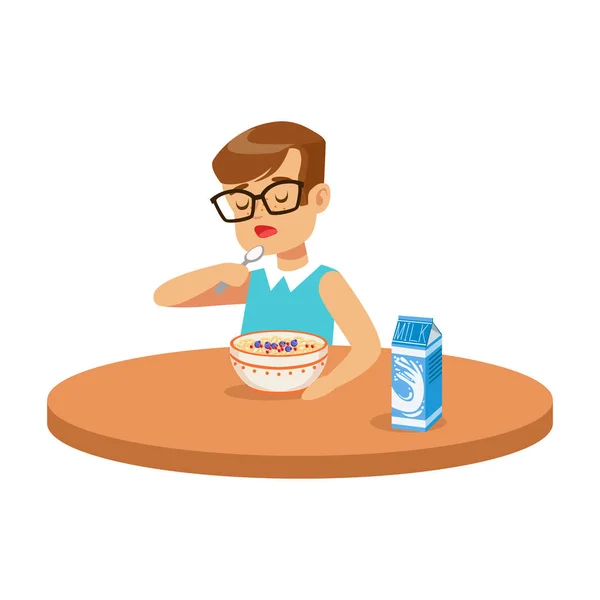 カラフルな文字ベクトル図のキッチンで朝食をとりながらお粥を食べるかわいい男の子 — ストックベクタ