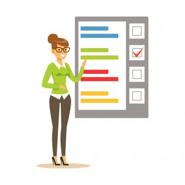 Oylama vektör çizim sonuçlarını içeren bir poster işaret eden genç kadın