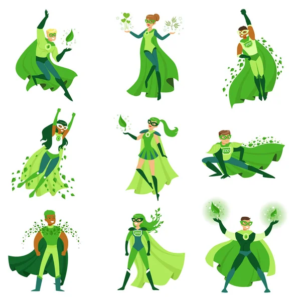 Χαρακτήρες superhero Eco οριστεί, νέοι άνδρες και γυναίκες σε διαφορετικές πόζες με πράσινα ακρωτήρια διανυσματικά εικονογραφήσεις — Διανυσματικό Αρχείο