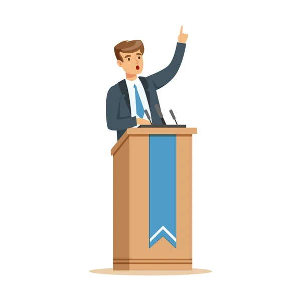 Jeune homme politique parlant derrière le podium, personnage orateur vecteur Illustration — Image vectorielle