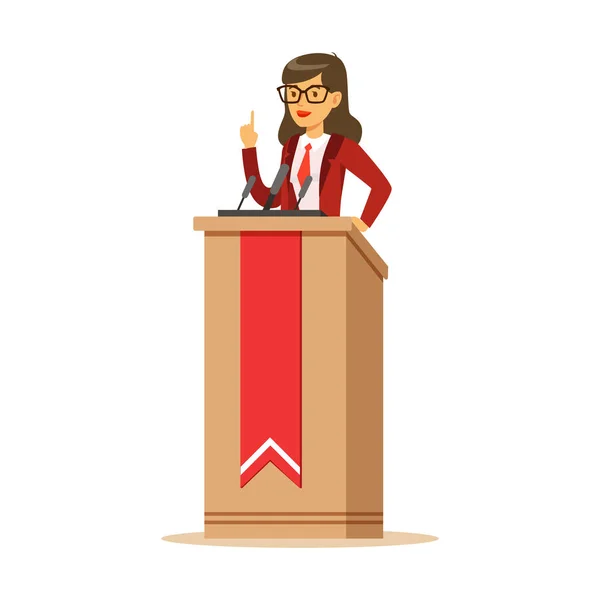 Young politician woman standing behind rostrum and giving a speech, public speaker character vector Illustration — Stock Vector