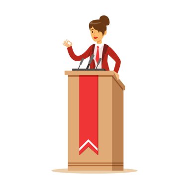 Young politician woman speaking behind the podium, public speaker character vector Illustration clipart