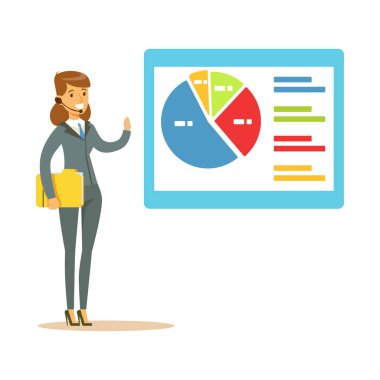 Bir kulaklık grafik kartı üzerindeki sunu vektör çizimi sırasında işaret içinde gülümseyen kadın