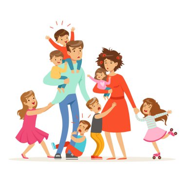 Pek çok çocuk ile büyük bir aile. Çocuklar, bebekler ve yorgun ebeveynleri illüstrasyon vektör